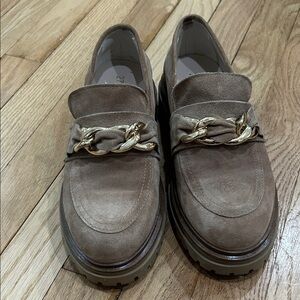 Women's Taupe Suede Loafers with Gold Chain